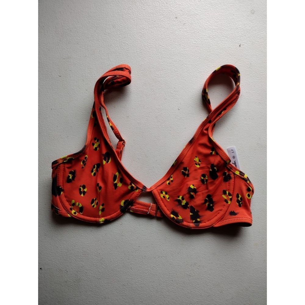 Out From Under Orange Leopard‎ Print Bikini Top Small Smocked Cups Adjustable
